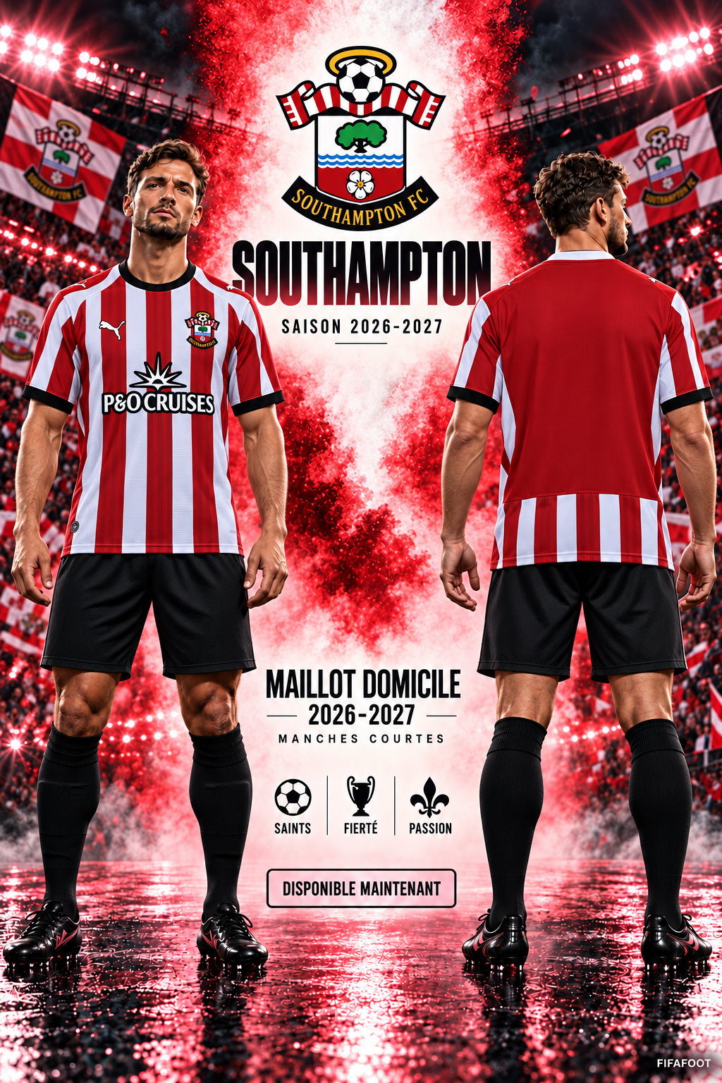 Affiche Southampton domicile 2026-2027 avec mannequin brun, vues face et dos