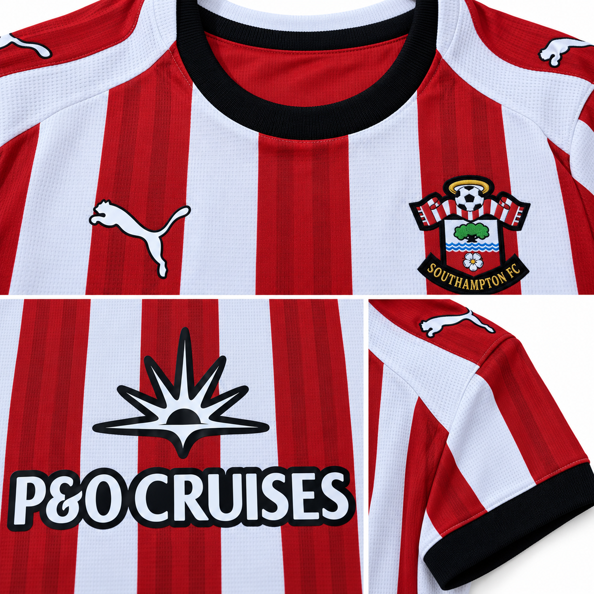 Détails du col noir, écusson et manches du maillot Southampton domicile 2026-2027
