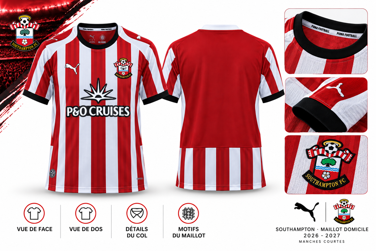 Southampton domicile 2026-2027, présentation face, dos et détails