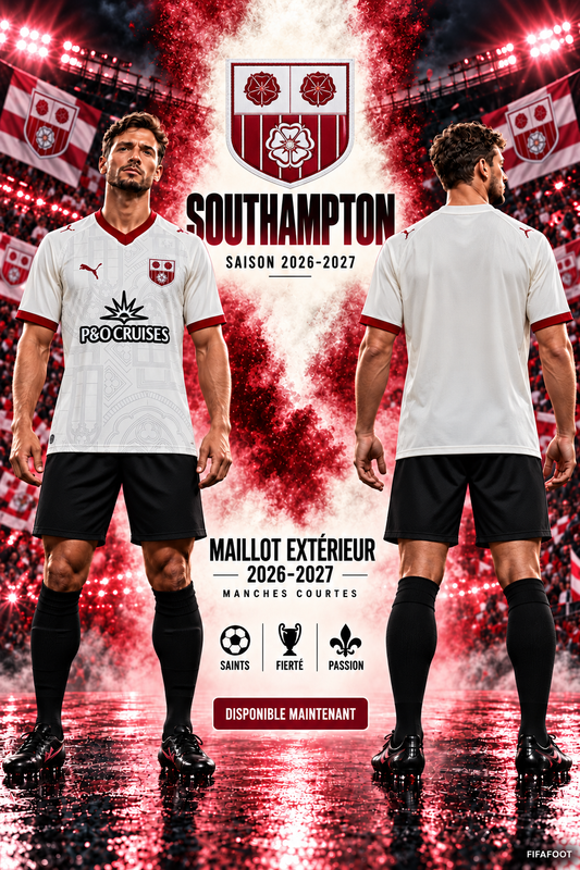 Maillot Southampton extérieur homme 2026-2027 blanc cassé et bordeaux — affiche mannequin brun face et dos