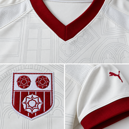 Maillot Southampton extérieur homme 2026-2027 blanc cassé et bordeaux — détails du col, écusson et manches