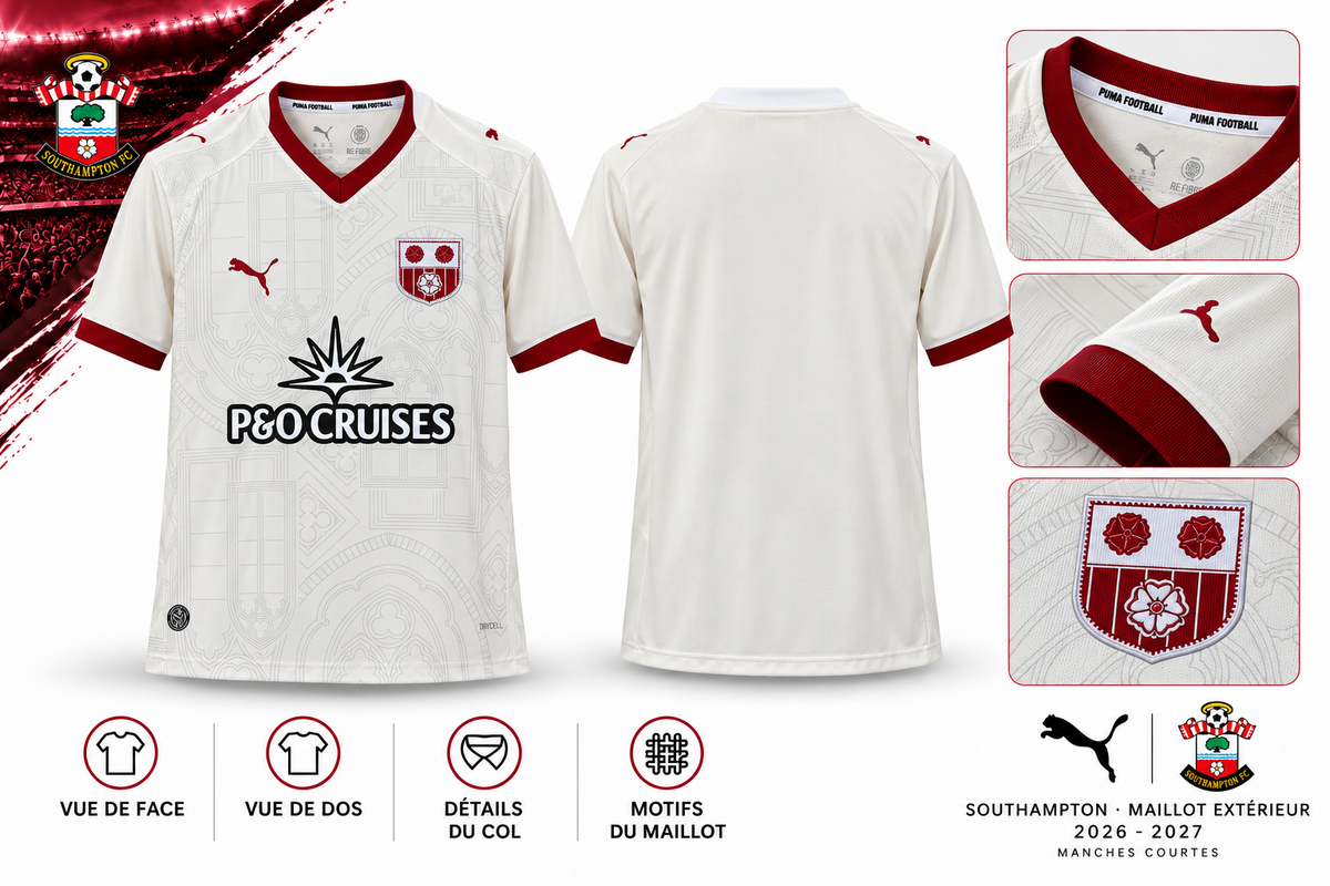 Maillot Southampton extérieur homme 2026-2027 blanc cassé et bordeaux — présentation face, dos et détails