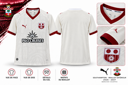 Maillot Southampton extérieur homme 2026-2027 blanc cassé et bordeaux — présentation face, dos et détails