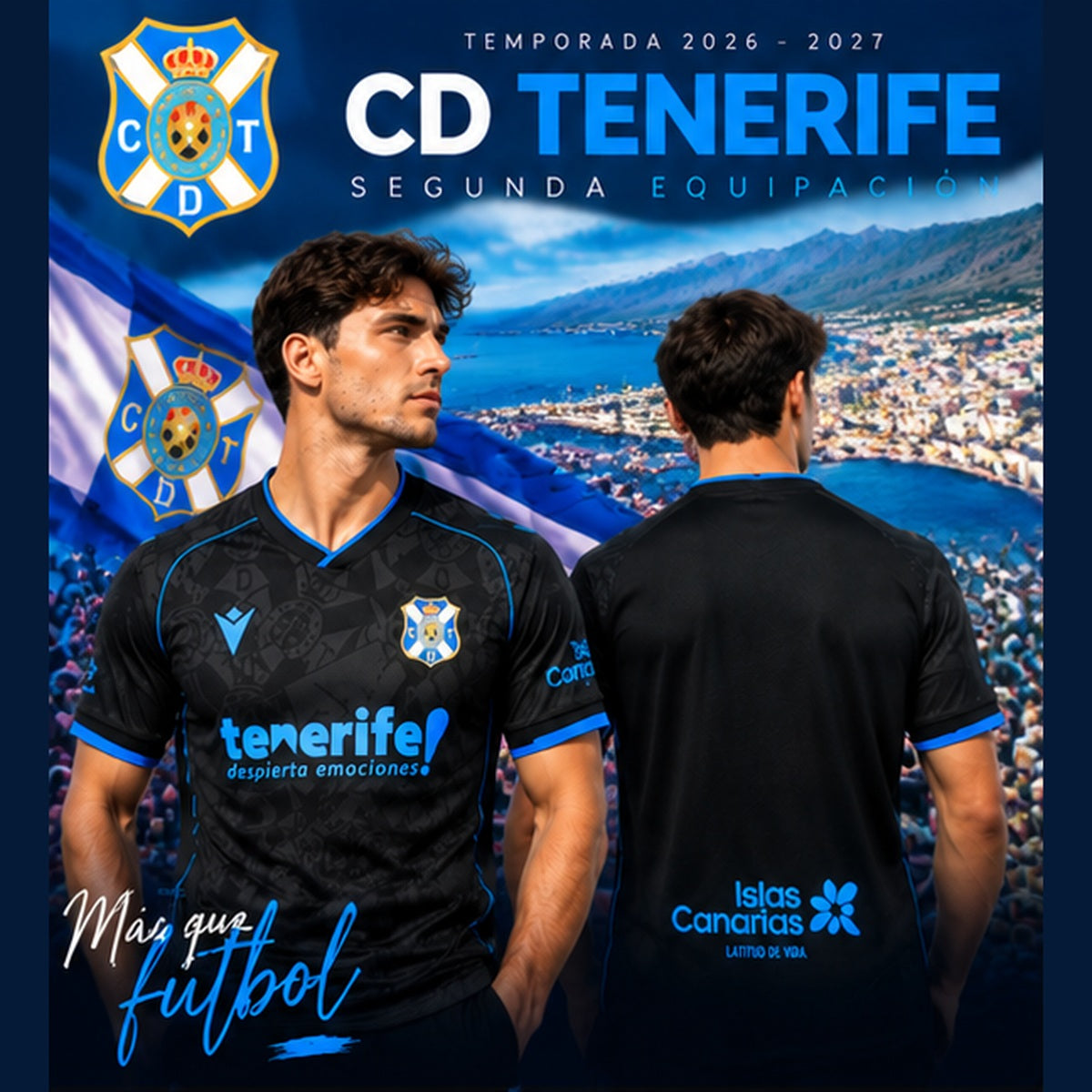 Affiche premium CD Tenerife 2026-2027 maillot extérieur noir et bleu, mannequin masculin