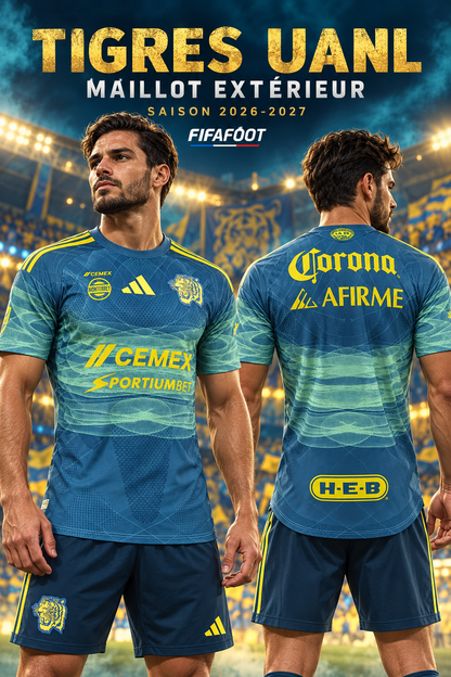 Affiche FIFAFOOT — maillot Tigres UANL extérieur homme 2026-2027 porté de face et de dos