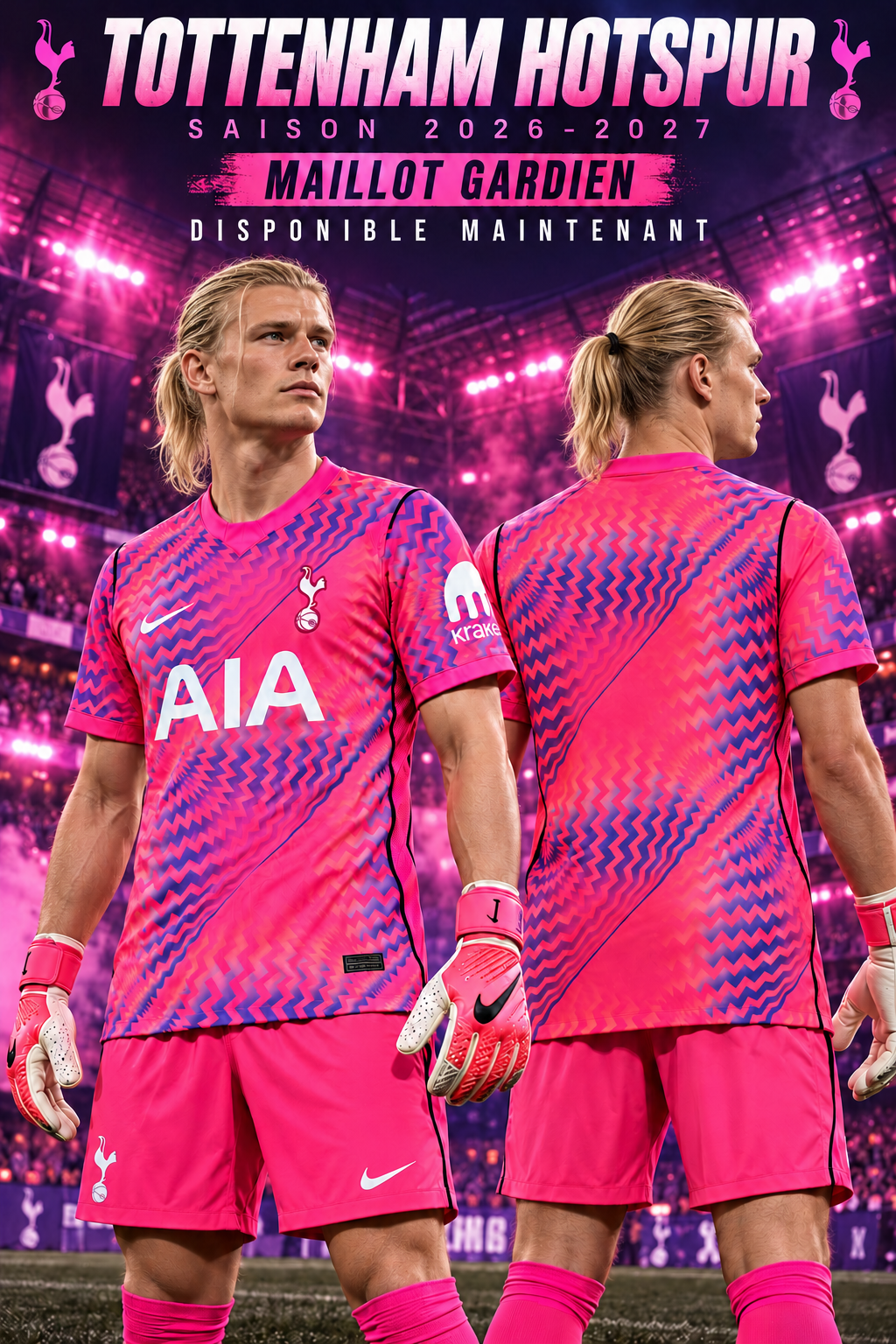 Maillot Tottenham gardien 2026-2027 — mannequin blond avec queue de cheval, face et dos