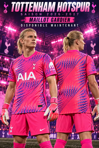 Maillot Tottenham gardien 2026-2027 — mannequin blond avec queue de cheval, face et dos