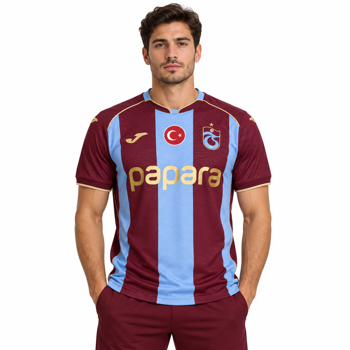 Maillot Trabzonspor domicile 2026-2027 bordeaux et bleu ciel — porte