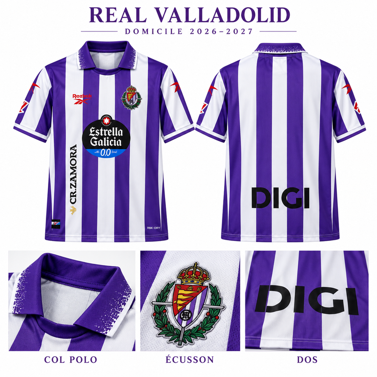 Maillot Real Valladolid domicile 2026-2027 – présentation face, dos et détails