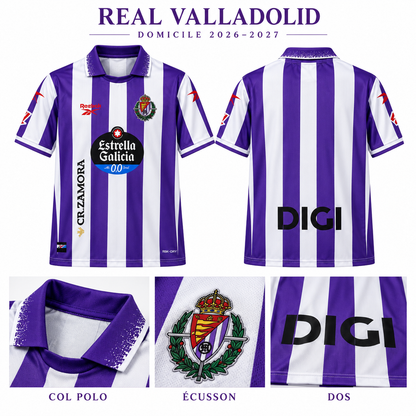 Maillot Real Valladolid domicile 2026-2027 – présentation face, dos et détails
