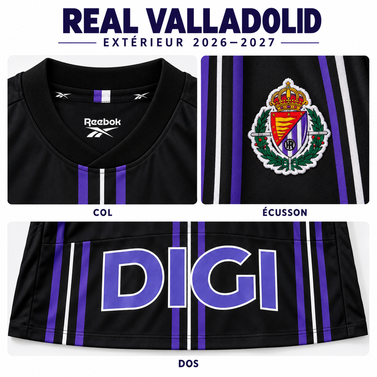 Maillot Real Valladolid extérieur 2026-2027 – détails col, écusson et dos