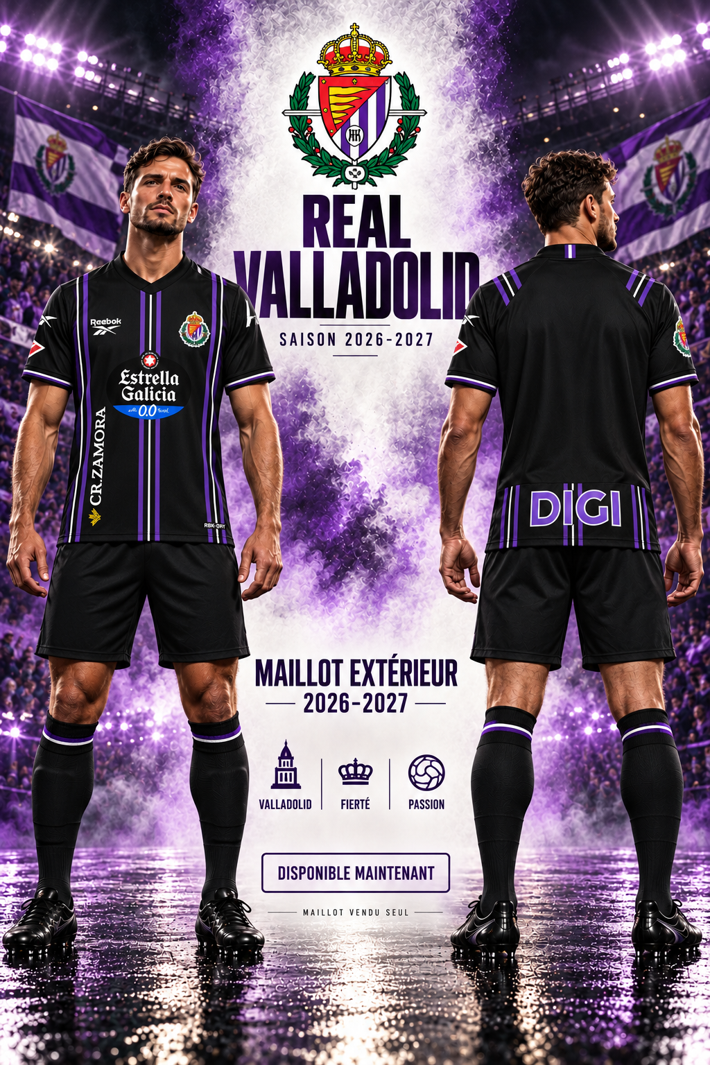 Maillot Real Valladolid extérieur 2026-2027 – affiche mannequin face et dos