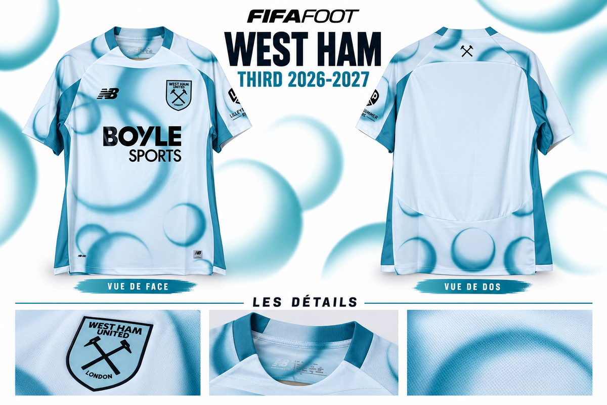 Maillot West Ham third 2026-2027 — présentation face, dos et détails