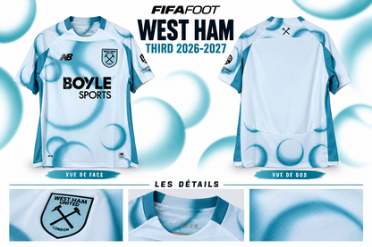 Maillot West Ham third 2026-2027 — présentation face, dos et détails