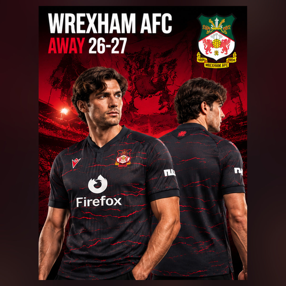 Affiche premium Wrexham AFC Away 2026-2027, mannequin masculin de face et de dos